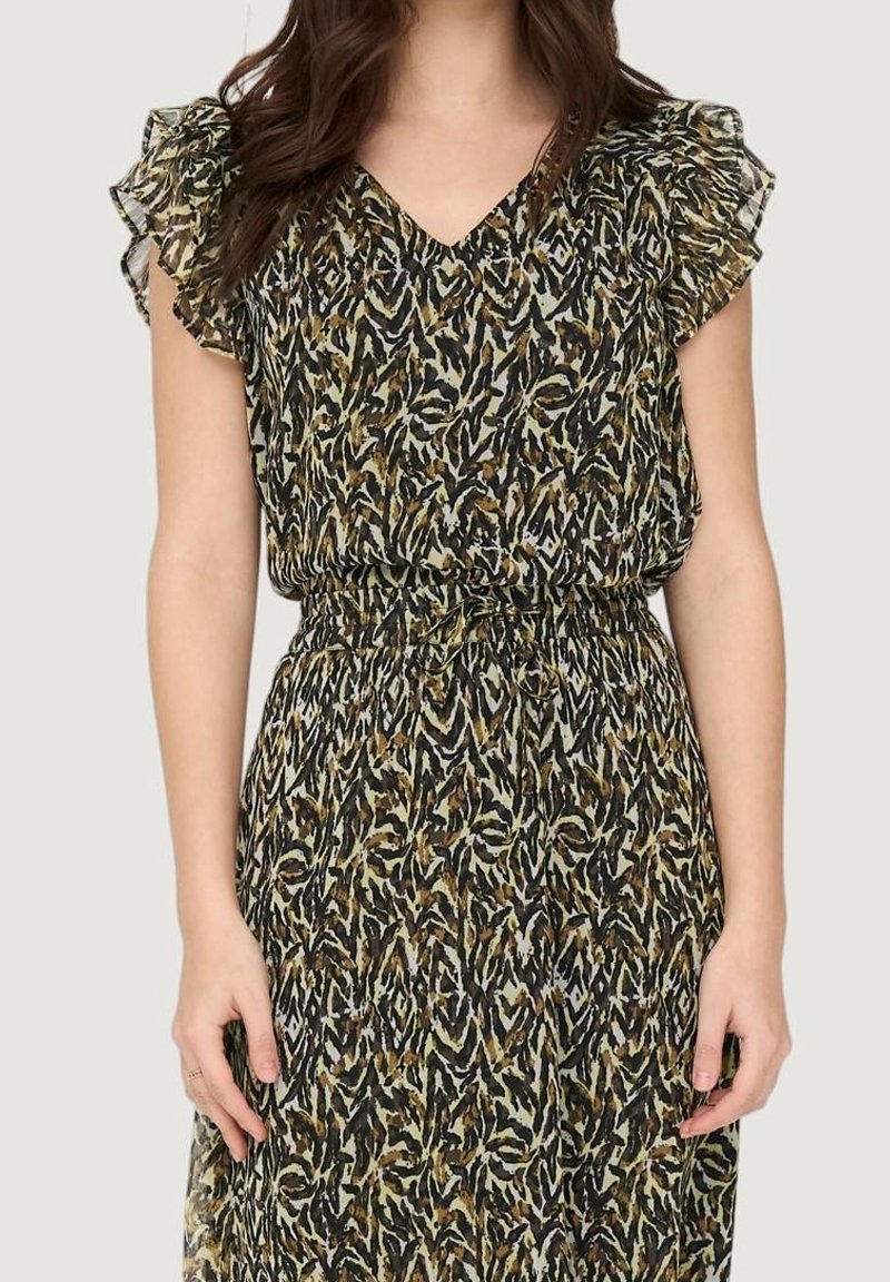 Robe noire à motifs floraux verts avec manches courtes à volants, décolleté en V et taille élastiquée pour une coupe décontractée.