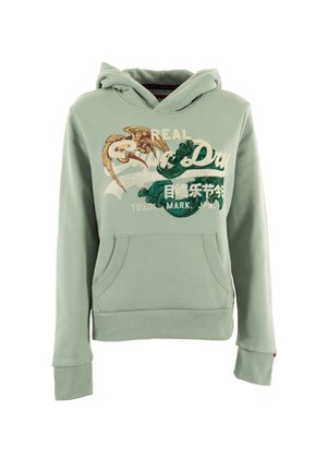 Lichtgroene hoodie met een voorzak, versierd met een draak en tekst in gele en groene borduursels. Zacht stof, geribbelde manchetten.
