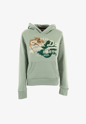 Sweat-shirt à capuche vert clair avec poche avant, présentant un dragon et un texte en broderie jaune et verte. Tissu doux, poignets côtelés.