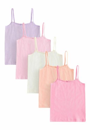 Cinq camisoles pour filles de couleur pastel en violet, rose, crème, pêche et rose vif, chacune avec de fines bretelles et de petits nœuds sur le devant.