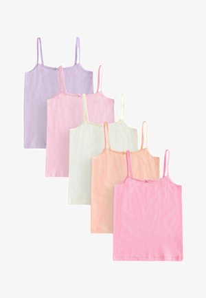 Pięć pastelowych dziewczęcych koszulek na ramiączkach w kolorach fioletowym, różowym, kremowym, brzoskwiniowym i jaskrawo różowym, każda z cienkimi ramiączkami i małymi kokardkami z przodu.