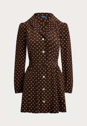 Braunes Kleid mit langen Ärmeln und weißem Blumenmuster, Knopfleiste vorne, tailliertem Gürtel, Kragen und Faltenrock.