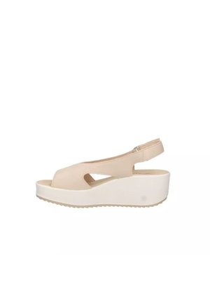 Sandalo beige con zeppa con cinturino posteriore, punta aperta, lati ritagliati e suola bianca testurizzata.
