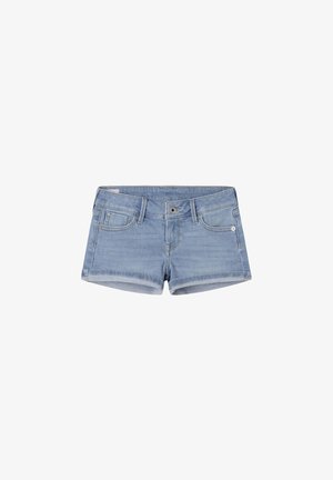 Lyseblå denimshorts med opkrogede kanter, frontknap, lynlås, bæltestropper og fem-lomme design.
