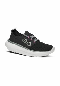 Black athletic shoes with a breathable mesh upper, gray accents, and pink laces. Thick white sole with good cushioning for comfort.