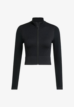 Schwarze, cropped Zip-Jacke, enganliegendes Design, lange Ärmel, aus glattem, elastischem Stoff, mit hohem Kragen und minimalistischen Logodetails.