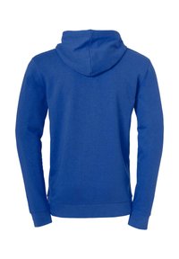 Blauer Kapuzenpullover mit Kordelzug, langen Ärmeln und einer weichen Textur. Verfügt über eine Kängurutasche und gerippte Bündchen an den Handgelenken und am Saum.