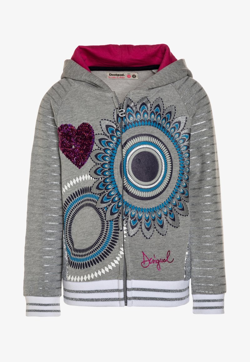 Sweat à capuche gris zippé avec doublure intérieure rose, motifs circulaires bleus et argentés décoratifs, un cœur violet pailleté, et poignets et ourlet rayés.