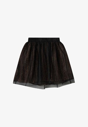 Jupe en tulle noir avec des accouts métalliques, caractérisée par un design plissé et une taille élastique pour un ajustement confortable.