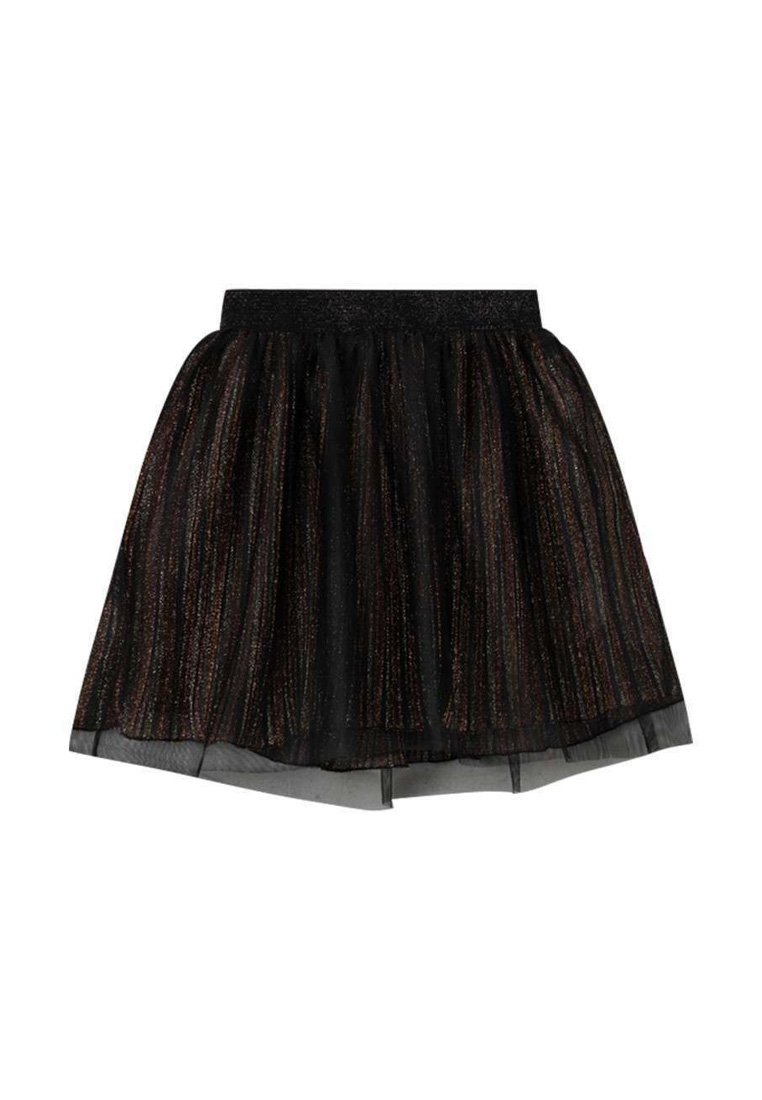 Jupe en tulle noir avec des accouts métalliques, caractérisée par un design plissé et une taille élastique pour un ajustement confortable.