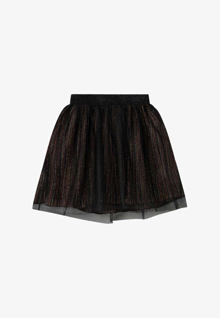 Jupe en tulle noir avec des accouts métalliques, caractérisée par un design plissé et une taille élastique pour un ajustement confortable.