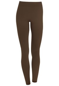 Leggings marroni realizzati in un materiale morbido e elasticizzato con una superficie liscia. Presentano una vita alta e un design a lunghezza totale.
