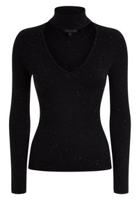 Pullover nero a maniche lunghe con texture a coste, colletto alto e scollatura a V profonda, decorato con spruzzi di argentato per un effetto tattile.
