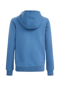 Sudadera azul con capucha, que presenta un bolsillo tipo canguro en el frente, tela texturizada, capucha con cordón y puños y dobladillo acanalados.
