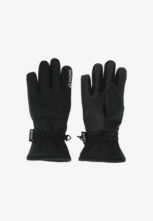 Sorte handsker lavet af et glat, strækbart materiale, med et struktureret greb på håndfladerne, elastisk ved håndleddet og zigzag-branding.