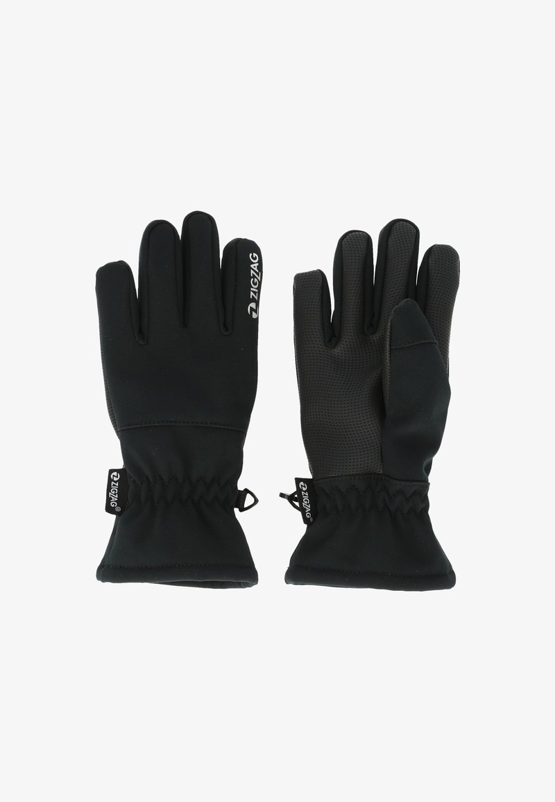 Sorte handsker lavet af et glat, strækbart materiale, med et struktureret greb på håndfladerne, elastisk ved håndleddet og zigzag-branding.