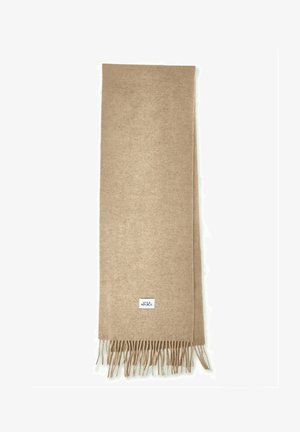 Beige Schal aus weichem Stoff, mit Fransen an den Kanten und einem kleinen Logolabel an einem Ende. Rechteckige Form mit glatter Textur.