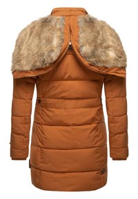 Brown puffer coat with faux fur shoulder accents, zip closure, and ribbed cuffs. Vertical stitching on the body provides textured design.