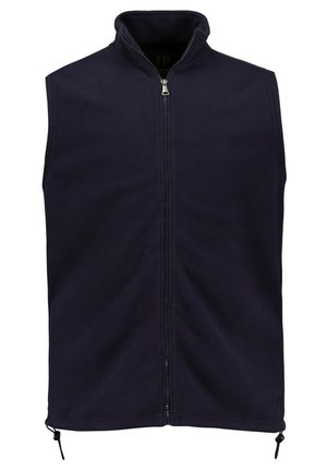 Gilet in pile blu navy con colletto alto e zip completa. Presenta coulisse regolabili all'orlo e un branding discreto in basso a sinistra.