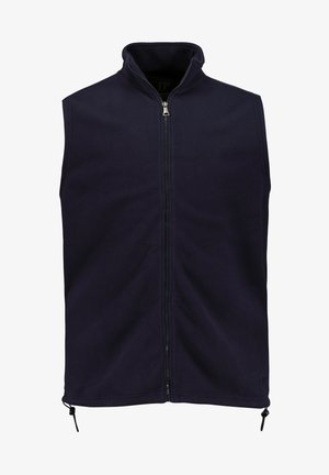 Navy blue fleece vest with high collar and full zipper. Features adjustable drawstrings at the hem and subtle branding at the bottom left.