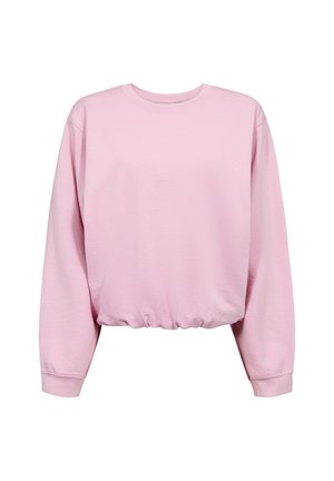 Lichtroze cropped sweatshirt met lange mouwen, een ronde hals en een elastische zoom, weergegeven tegen een witte achtergrond.