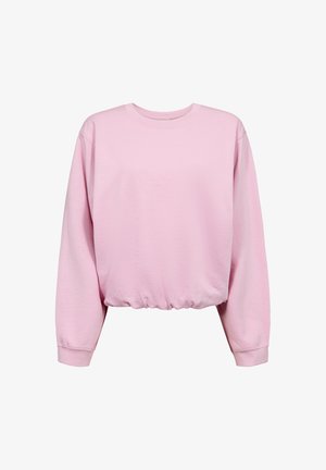 Lichtroze cropped sweatshirt met lange mouwen, een ronde hals en een elastische zoom, weergegeven tegen een witte achtergrond.