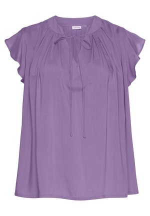 Purple blouse with short flutter sleeves, featuring a round neckline, tied detail at the front, and smooth, flowing fabric.
