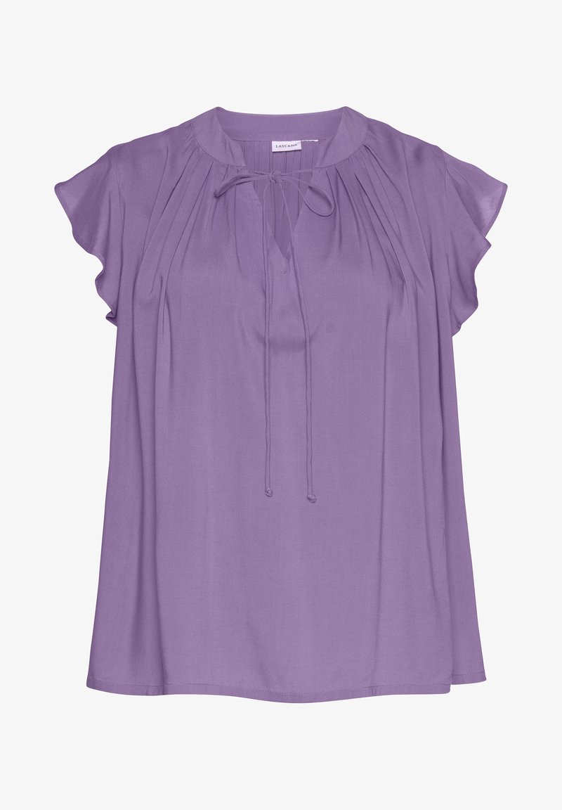 Lila Bluse mit kurzen, schwingenden Ärmeln, runder Ausschnitt, gebundenem Detail an der Vorderseite und glattem, fließendem Stoff.