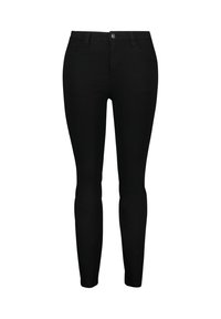 Zwarte skinny jeans van denim met een gladde textuur, voorzien van een knoopsluiting, riemlussen en voorzakken.