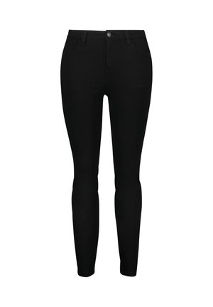 Zwarte skinny jeans van denim met een gladde textuur, voorzien van een knoopsluiting, riemlussen en voorzakken.