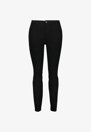 Zwarte skinny jeans van denim met een gladde textuur, voorzien van een knoopsluiting, riemlussen en voorzakken.