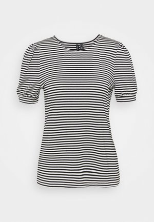T-shirt à manches courtes rayé noir et blanc à rayures horizontales avec manches légèrement bouffantes et encolure ronde.