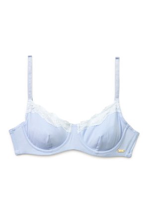 Reggiseno azzurro chiaro con ferretto e spalline regolabili, bordatura in pizzo bianco lungo le coppe e una piccola targhetta dorata sul lato.