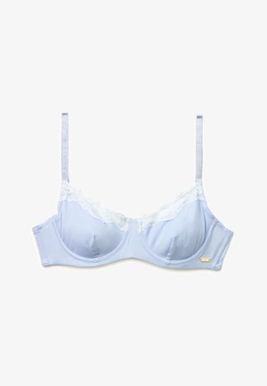 Reggiseno azzurro chiaro con ferretto e spalline regolabili, bordatura in pizzo bianco lungo le coppe e una piccola targhetta dorata sul lato.