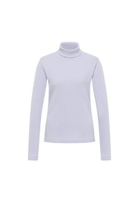 Helllila, gerippter Langarm-Turtleneck-Pullover mit slim fit und hohem Kragen, präsentiert auf einem weißen Hintergrund.