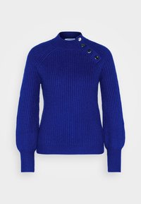 Blue knitted sweater with a high neck, featuring a ribbed texture and three decorative buttons at the shoulder. Long sleeves, fitted style.