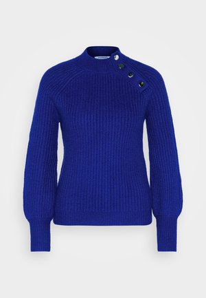 Blue knitted sweater with a high neck, featuring a ribbed texture and three decorative buttons at the shoulder. Long sleeves, fitted style.