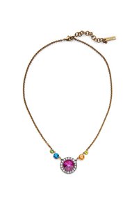 Collana in bronzo con una pietra rotonda centrale di colore viola, circondata da cristalli trasparenti, arricchita da quattro pietre colorate: verde, blu, arancione e gialla.
