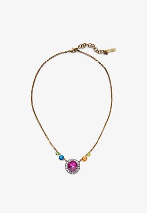 Bronzen ketting met een centrale ronde paarse steen omringd door heldere kristallen, geaccentueerd met vier gekleurde stenen: groen, blauw, oranje en geel.