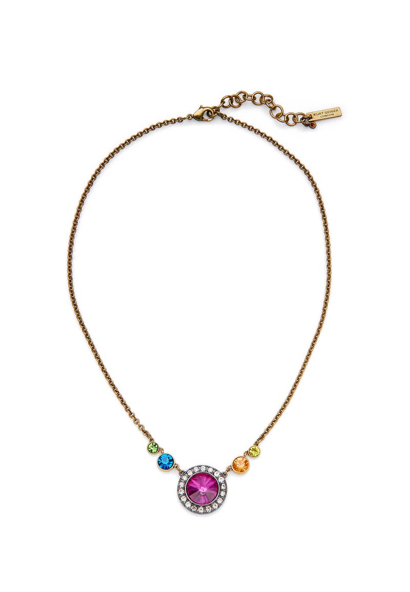 Collana in bronzo con una pietra rotonda centrale di colore viola, circondata da cristalli trasparenti, arricchita da quattro pietre colorate: verde, blu, arancione e gialla.