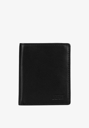 Schwarze Leder-Bifold-Geldbörse mit dezenten genähten Kanten und geprägt "JOST" Logo in der unteren rechten Ecke.