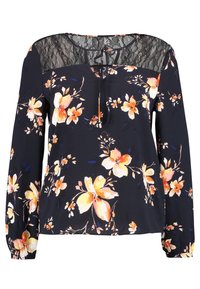 Blusa navy con maniche lunghe, motivo floreale in arancione e giallo, pannello in pizzo sulle spalle, scollatura a occhiello, vestibilità comoda.