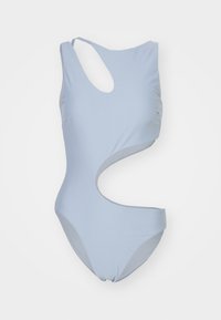 Ανοιχτό μπλε ολόσωμο μαγιό με ασύμμετρο σχέδιο, λεπτομέρεια cut-out και λείο, ελαστικό ύφασμα.