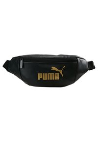 Černá kožená ledvinka se zipovým uzávěrem. Obsahuje výrazné zlaté logo "PUMA" a siluetu pumy. Součástí je nastavitelné ramenní pásmo.