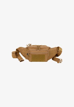 Marsupio in tessuto beige con tasca frontale con zip, cintura regolabile e pannello in velcro per attacchi. Presenta una forma arrotondata e una superficie texturizzata.