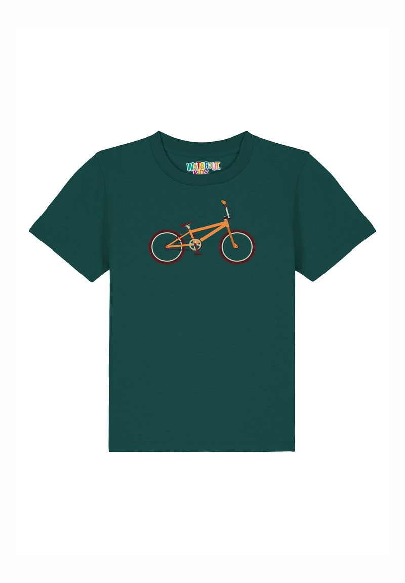 Türkisfarbenes T-Shirt mit kurzen Ärmeln, das ein orangefarbenes Fahrradmotiv mit roten Akzenten zeigt, vor einem schlichten weißen Hintergrund. Weiche Stofftextur.