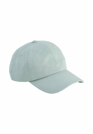 Lysegrå baseballkasket med buet skygge og cirkulær broderet tekst på frontpanelet.