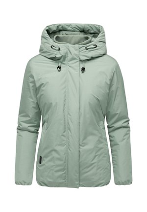 Veste rembourrée vert clair avec fermeture éclair à l'avant, capuche ajustable, poignets élastiques et deux poches latérales. Matériau lisse et résistant à l'eau.