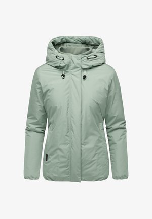 Giacca imbottita verde chiaro con zip frontale, cappuccio regolabile, polsini elastici e due tasche laterali. Materiale liscio e resistente all'acqua.