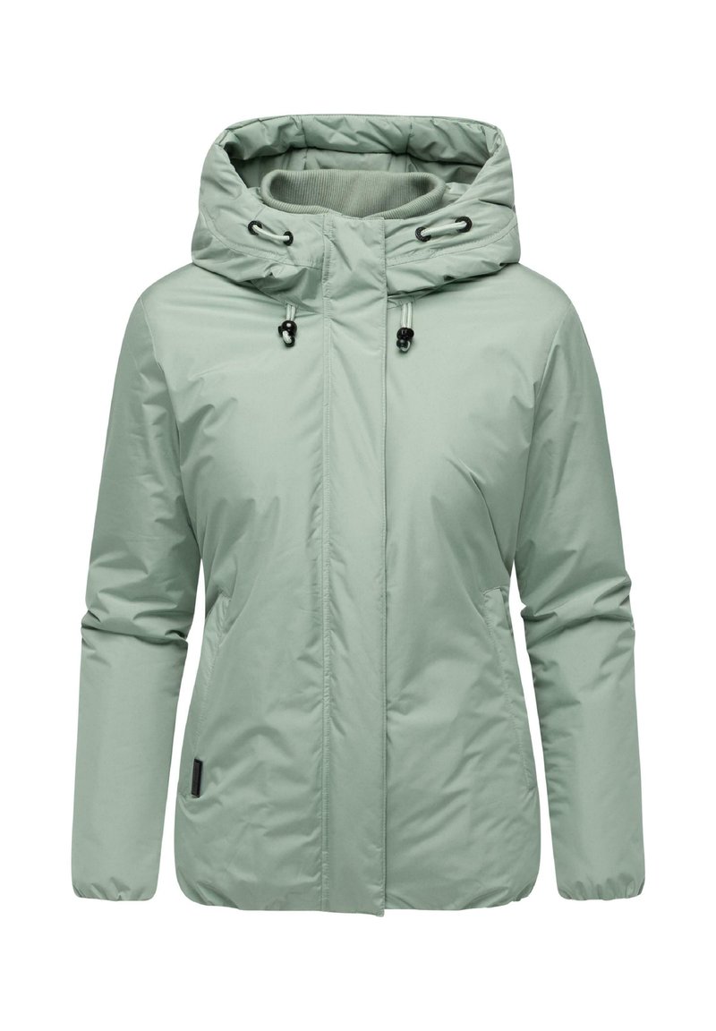 Light green padded jacket with a zip front, adjustable hood, elastic cuffs, and two side pockets. Smooth, water-resistant material.